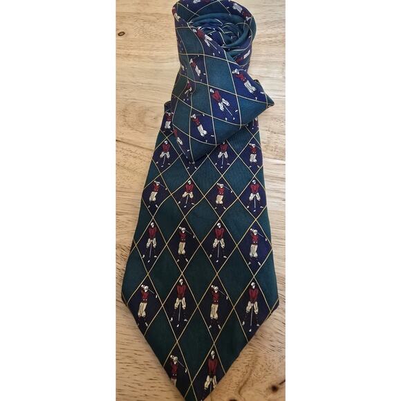 Vintage Tommy Hilfiger Silk Necktie Golfer & Golf Clubs Design Green Blue 57x4" - Picture 1 of 7